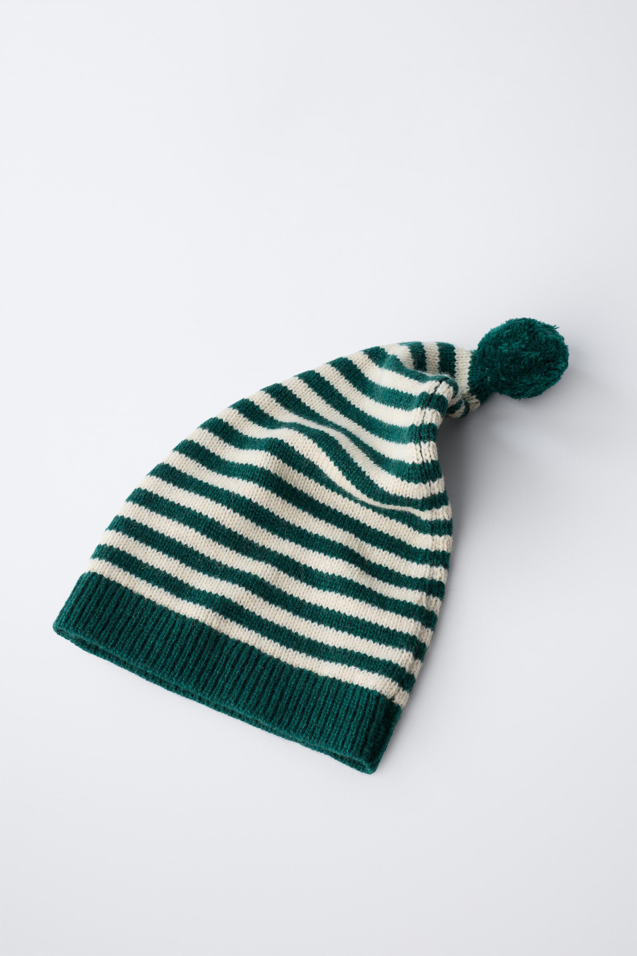 6-12 MONTHS/ STRIPED KNIT HAT WITH WOOL POMPOM